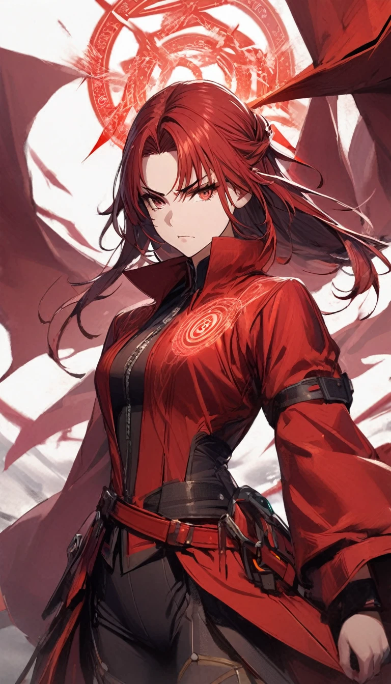 1girl,red curtain hair forehead,,red blades,red glowing eldritch magic circle, serious,calm perfect body,