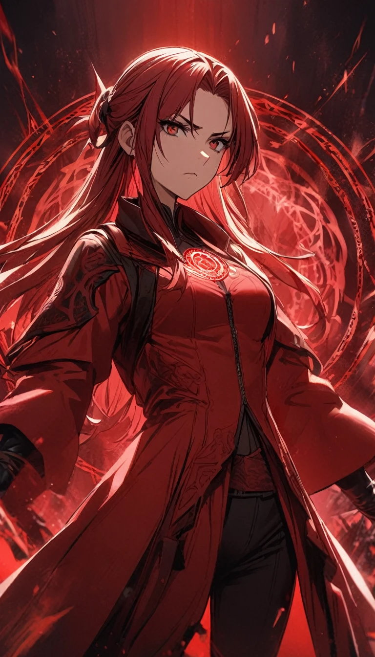 1girl,red curtain hair forehead,,red blades,red glowing eldritch magic circle, serious,calm perfect body,
