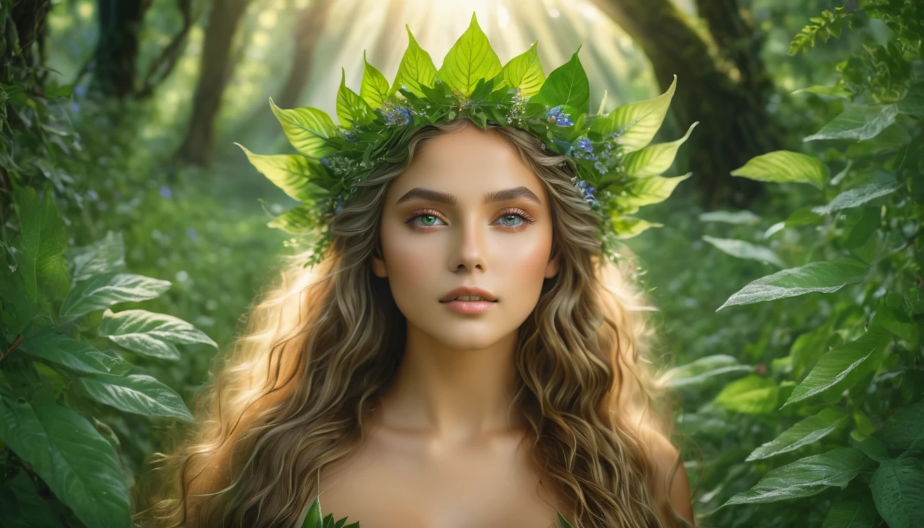 (best quality, 4k, 8k, highres, masterpiece:), ultra-detailed, (realistic, photorealistic, photo-realistic), nature goddess, leaf body, portrait, greenery, wildflowers, breathtaking eyes, serene expression, graceful pose, ethereal beauty, luminous skin, flowing hair, elegant crown of leaves, soft natural light, vibrant colors, mythical essence, surreal atmosphere, dreamlike aura, harmonious connection with nature, enchanted forest.
