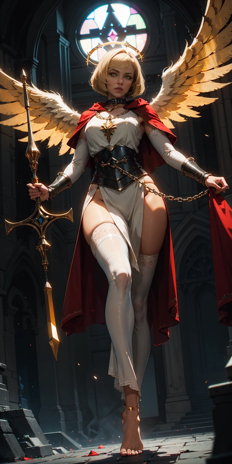 low angle, from below, paladin templar lady in white tabard, legwear, glowing yellow eyes, collar, golden chainmail, wide hips, barefoot, angel wings, pauldrons, halo, bob cut, blonde, eye focus, red cape, temple indoors, decorations, stained glass windows, night, particles, chromatic aberration, detailed, cinematic, dark scene, fantasy