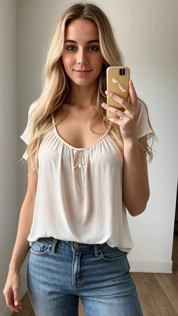 Une femme blonde de 27 ans, ((poitrine moyennement grosse)), Salon, ((Hyperréalisme)) encolure, espiègle, Drap sur son corps, Cheveux très longs, Cheveux aux racines blondes naturelles, Racines de cheveux blonds châtain clair, Arrière-plan simple, la lumière du soleil sur le visage, cheveux extra longs, selfie, photo prise avec iPhone, selfie, chemise élégante