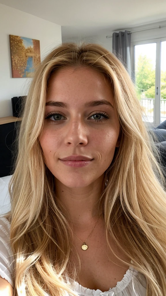 Une femme blonde de 27 ans, ((poitrine moyennement grosse)), Salon, ((Hyperréalisme)) encolure, espiègle, Drap sur son corps, Cheveux très longs, Cheveux aux racines blondes naturelles, Racines de cheveux blonds châtain clair, Arrière-plan simple, la lumière du soleil sur le visage, cheveux extra longs, selfie, photo prise avec iPhone, selfie, chemise élégante