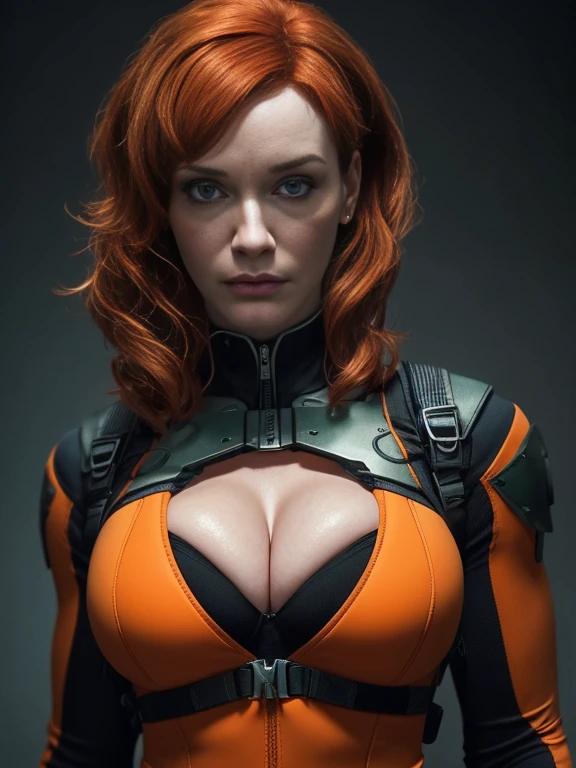 Imagine Christina Hendricks as a Metal Gear Solid character,powerful female character, short wavy orange hair and bright blue eyes, 48 years old, striking and mature facial features,agile and athletic build, (Wearing: Fingerless Gloves, skin-tight suit, black and green stealth suit, cleavage_cutout, utility belt, metallic armlets, armored boots, gun holsters), The suit is so tight that Christina Hendricks breasts barely fit in it, The suit should appear sleek and functional, emphasizing her agility and combat prowess. Stealthy and formidable presence of the character,hyper-realistic rendering to capture every minute detail,showcasing the mastery of digital portrait artistry,ultimate photorealistic quality,highly detailed facial expression showcasing the determination and strategy of the character,subtle hints of high-tech and militaristic elements reflecting the true essence of the Metal Gear Solid universe,vibrant colors with deep gray’s and contrasting cool tones,creating a visually striking and captivating portrait.
