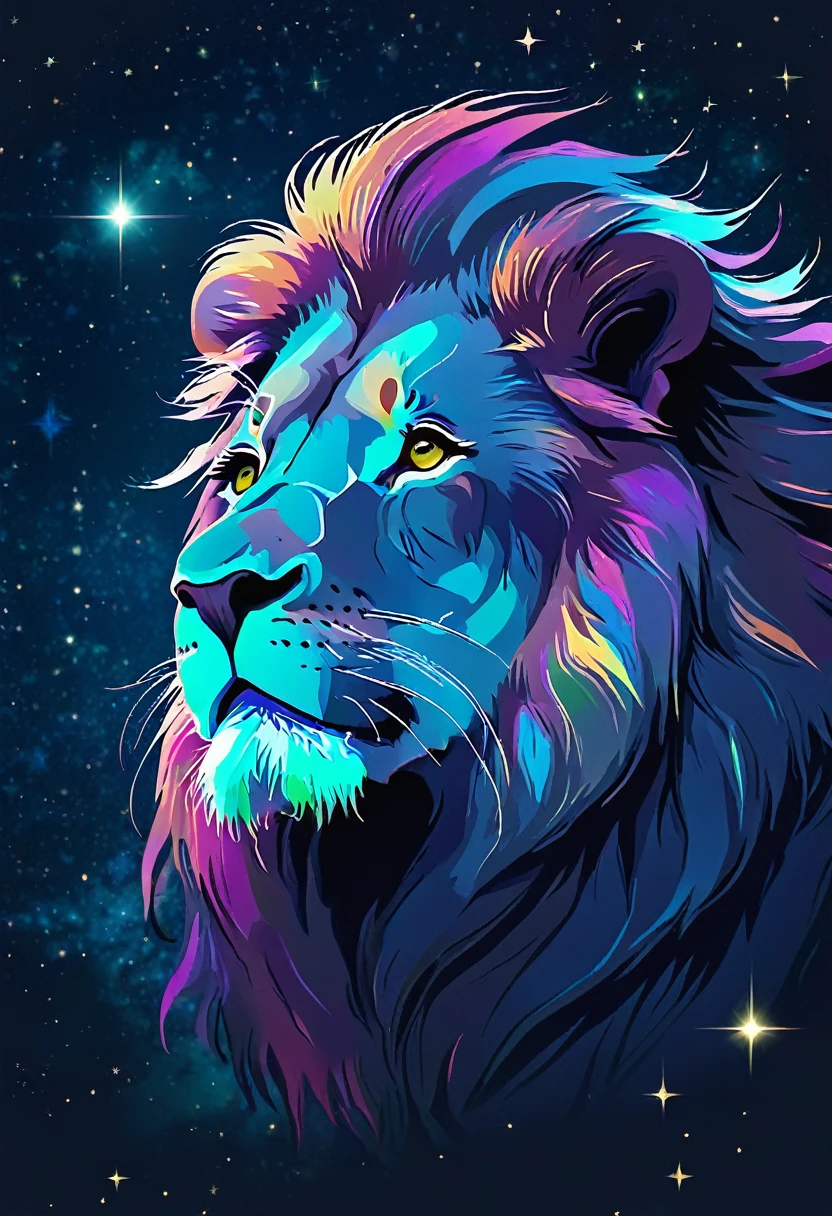 a lion silhouette composed by bright stars. Cosmic background