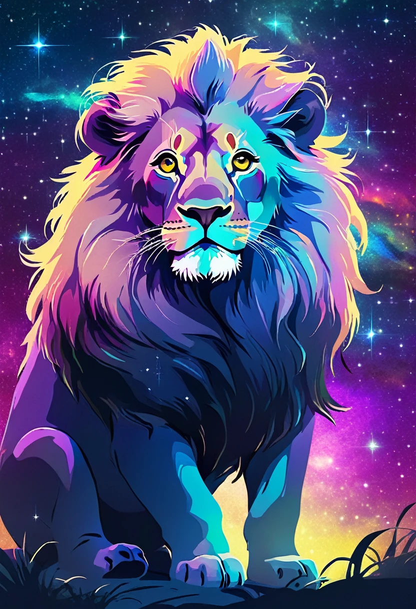 a lion silhouette composed by bright stars. Cosmic background