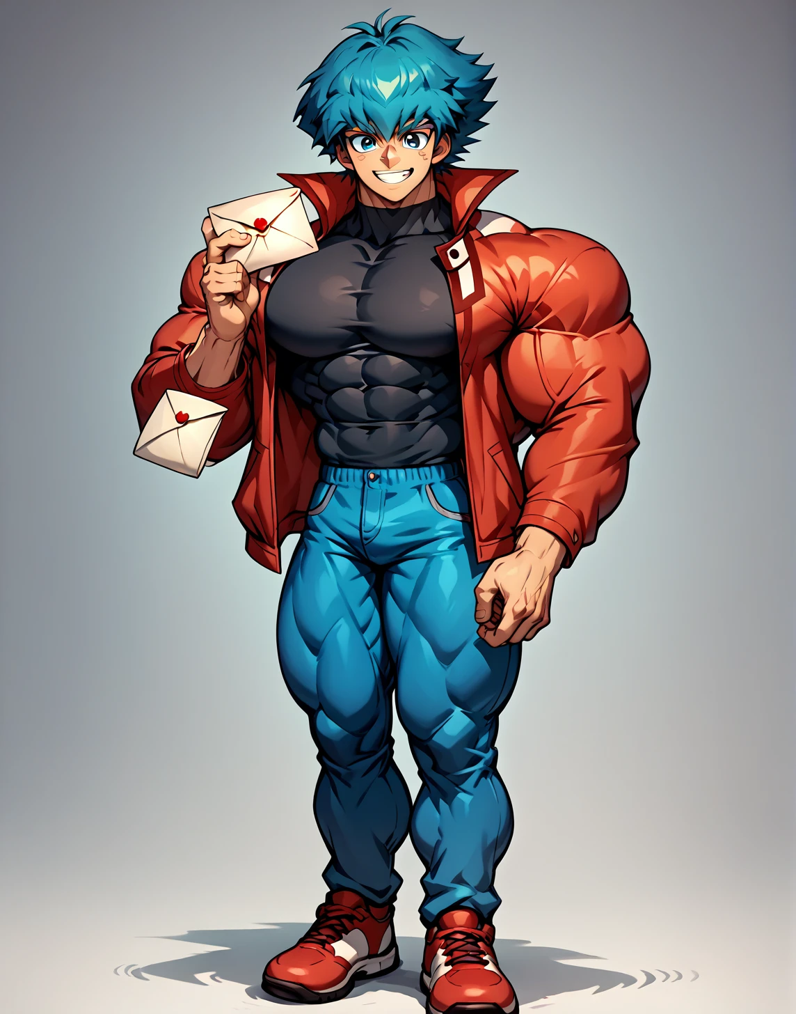 alone, full body,smiling , muscular, hyper muscle, huge muscle, big muscles, pectoral muscle , 1 chico  , bigs pecs , muscular thighs, muscular glutes  , YOUNG , anime , Yu-Gi-Oh! , jaden yuki  , black shirt, red jacket, blue pants, red shoes, letter in hand