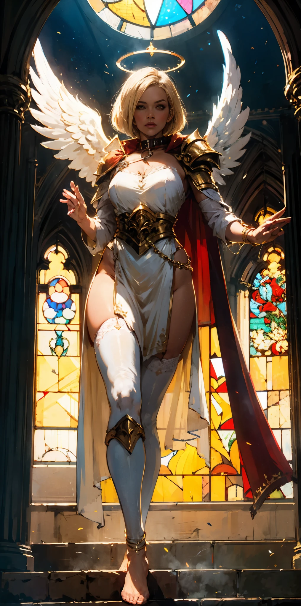 low angle, from below, paladin templar lady in white tabard, legwear, glowing yellow eyes, collar, golden chainmail, wide hips, barefoot, angel wings, pauldrons, halo, bob cut, blonde, eye focus, red cape, temple indoors, decorations, stained glass windows, night, particles, chromatic aberration, detailed, cinematic, dark scene, fantasy
