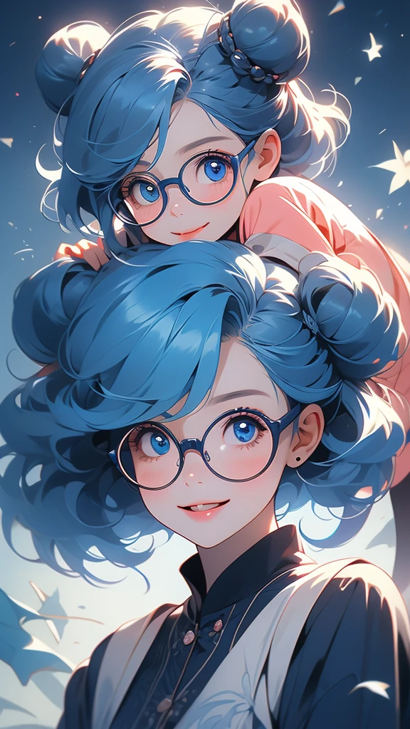the female child with blue hair and glasses has big eyes, and her smile and blue eyes, 1girl, solo, glasses, double bun, hair bun, blue hair, smile, bangs,Cheerful girl