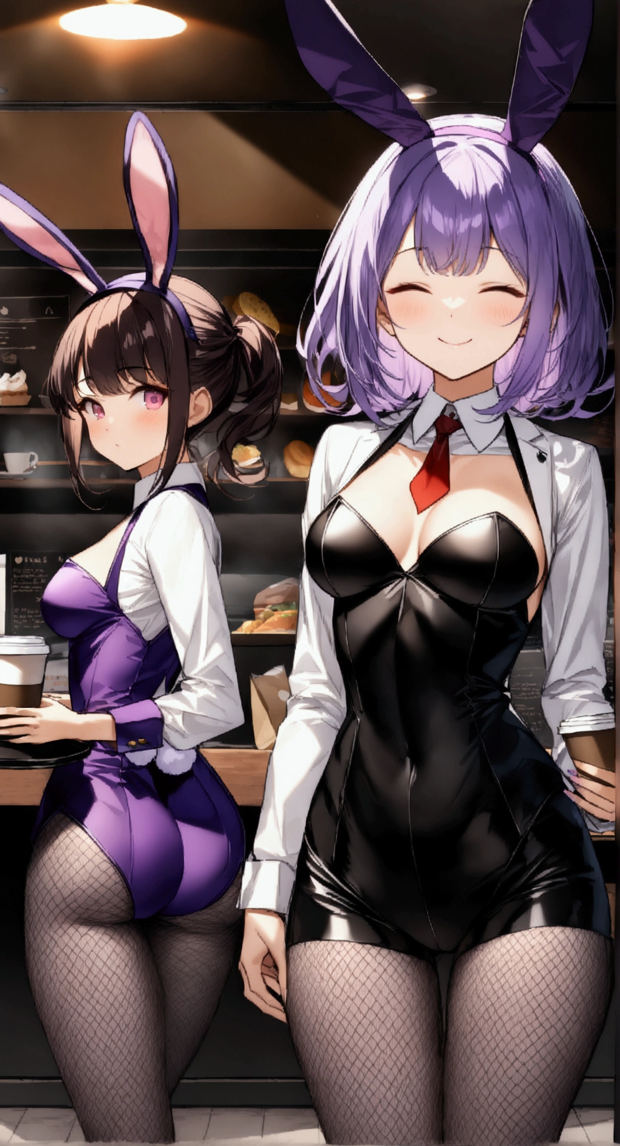 cute face, ideal ratio body proportions, curvy, blush, medium hair, (purple hair), (pink eyes), (medium ), (((3 girls))), ((Bunny ears)), (((purple Bunny girls))), ((Fishnet tights)), (((Closed your eyes))), ((Closed your mouth)), smile, (((Hold the tray))), (((multi foods))), (((A coffee shop with many customers))), ((32k)), ((best quality)), ((ultra high res)), ((HDR)), ((UHD)), ((extremely detailed CG)), ((unity 32k wallpaper)), ((perfect anatomy)), ((from front)),