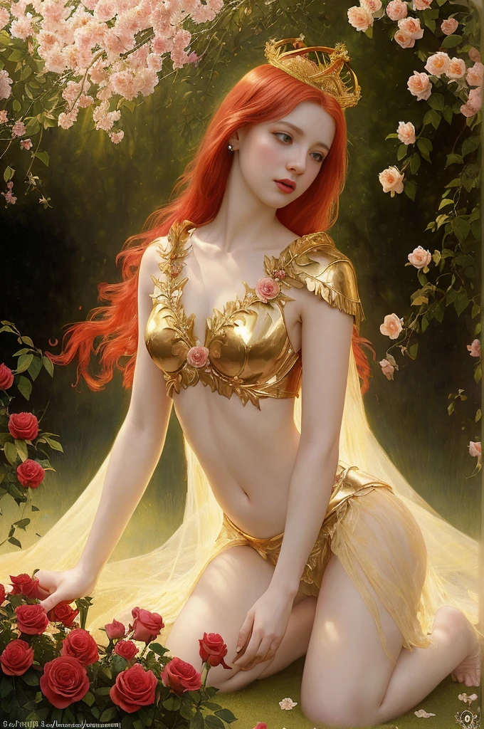 Divine angel, spreading her wings, red close-cropped hair, pale skin, (angelic (halo, golden crown, flowers) made of heavenly light:1.2), kneeling in rose garden, red roses, fantasy art, concept art, high quality, 8k, delicate features, feminine, seductive, (style of howard chandler christy:1.0), (art by jean-joseph benjamin-constant:1.3)