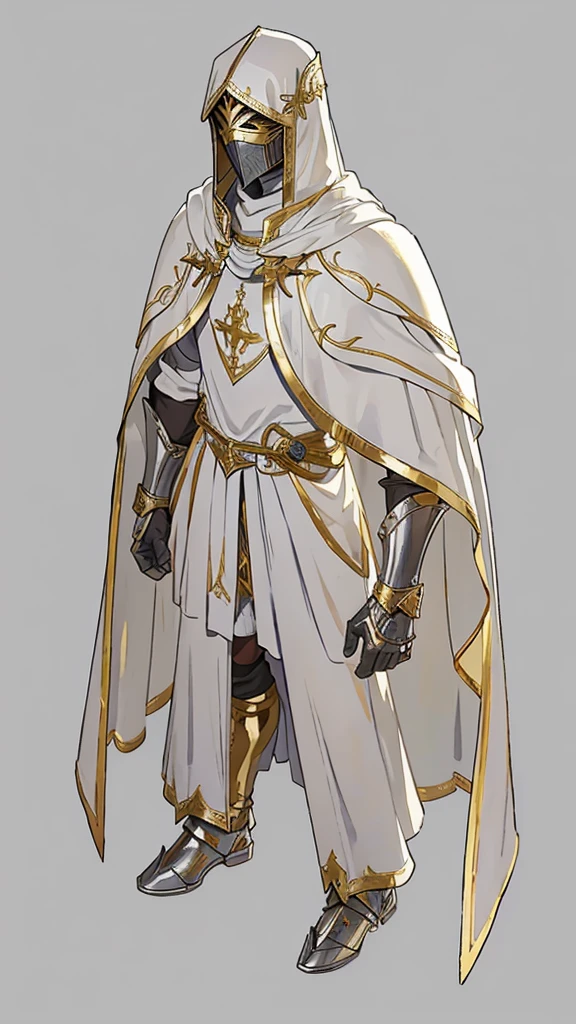 Templar warrior in armor, wearing armor and a white skirt, he also wears a cloak with gold borders, the leper king balduin iv