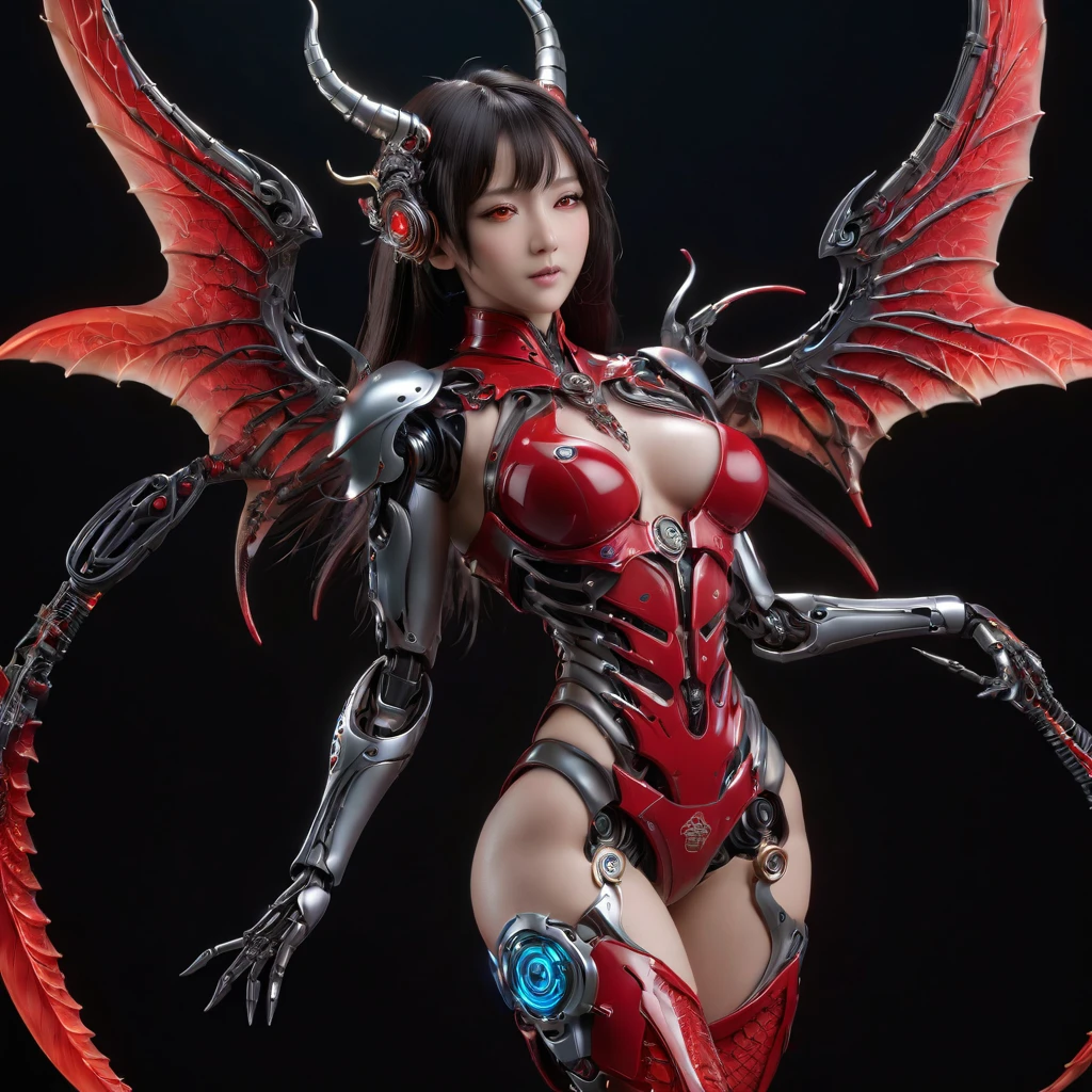 (Model pose, K-POPアイドル), cyborg少女、A horned devil with bright red wings falls from the sky, (RAW Photos), beautiful効果, Vibrant colors, The body is made of dragon scales, Ryujin's、Ray Tracing, Tabletop, Highest quality, super high quality, 不条理なdetailed, (The best light), (Best Shadow), sharp, Clear images, detailed, 非常にdetailed, High resolution, 8k, 4K, Hmph, Volumetric, detailed black armor, (Particle Effects), Creative images with machine edited backgrounds、Our bodies are made of machines、Our bodies are made of machines、beautiful, very detailed porcelain woman in profile、cyborg、Robot parts、150mm、beautifulスタジオの柔らかな光、Rim Light、鮮明なdetailed、Gorgeous Cyberpunk、Ren Hao、Surreal、Anatomical、NSFW Girl、cable, wire, Microchip、elegant、beautiful背景、Big Red Full Moon、AI-generated paintings by Sea Art、It depicts a fascinating image of yin and yang...., (Highest quality, Exquisite design, The The best lighting, Better shading).High heels、Angle from below the knee、anklet、Red background on red moon background、Red eyes、The flame that Burns everything、disaster々Burn、disaster々Emitting an aura、