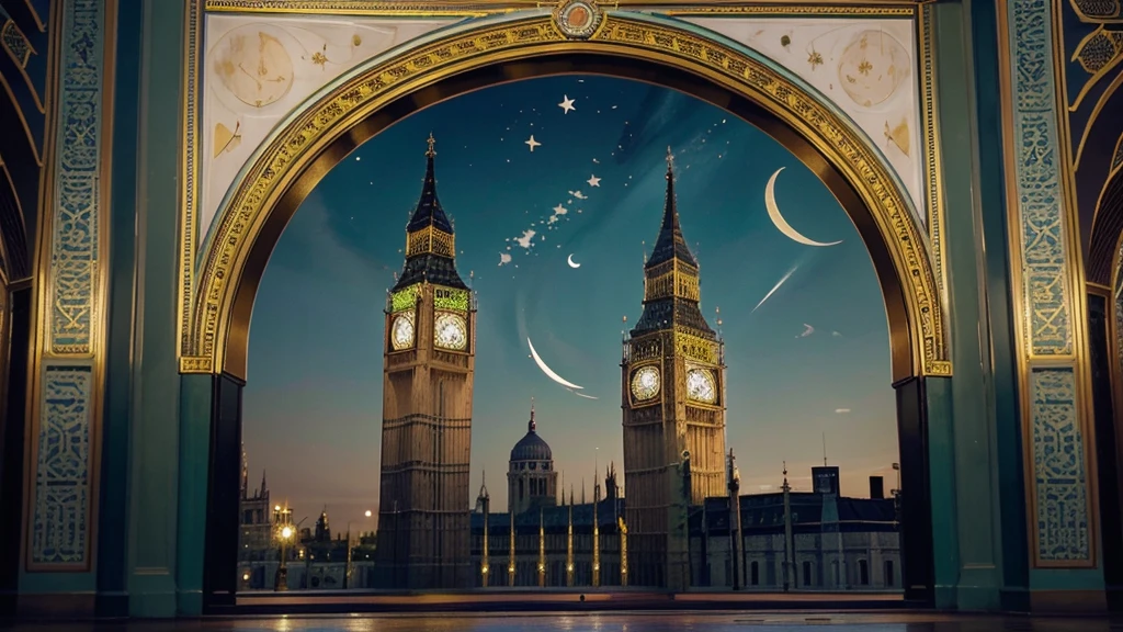 "Create an image of Big Ben in London, on top of the bigbag there is a crescent moon like on Muslim mosques, The building should be decorated with Muslim flags, There should be an atmosphere of an oriental bazaar with bright colors and decorative elements.. Color palette - warm, with gold, turquoise and white shades."