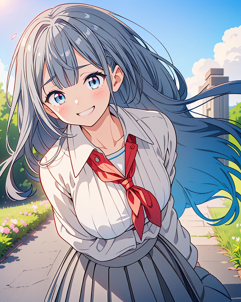 (Highest quality, 32K, High resolution, Masterpiece:1.5, ), One Girl, Cute anime-style illustrations, god々It has a brilliant and healing power., , Expressing emotions, Have a rich imagination, Cute Japanese Girls, Perfect Human Anatomy, Big light blue eyes, Motherhood and generosity, Deep Love, ((A gentle smile:1.6)), Shiny blue hair, Ponytail swaying in the wind, Asymmetrical bangs, Hair between the eyes, Transparent, soft white skin, Sharp eyebrows, Thin lashes, Natural Makeup, Cheek highlighter, Detailed and cute lips, (Grey blazer with red tie:1.2), ((Grey pleated skirt:1.2)), Slim figure with ample breasts, Beautifully detailed skies, ((Vibrant petal effect:1.2)), god秘的