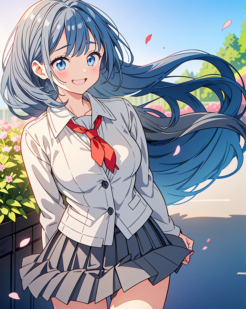 (Highest quality, 32K, High resolution, Masterpiece:1.5, ), One Girl, Cute anime-style illustrations, god々It has a brilliant and healing power., , Expressing emotions, Have a rich imagination, Cute Japanese Girls, Perfect Human Anatomy, Big light blue eyes, Motherhood and generosity, Deep Love, ((A gentle smile:1.6)), Shiny blue hair, Ponytail swaying in the wind, Asymmetrical bangs, Hair between the eyes, Transparent, soft white skin, Sharp eyebrows, Thin lashes, Natural Makeup, Cheek highlighter, Detailed and cute lips, (Grey blazer with red tie:1.2), ((Grey pleated skirt:1.2)), Slim figure with ample breasts, Beautifully detailed skies, ((Vibrant petal effect:1.2)), god秘的