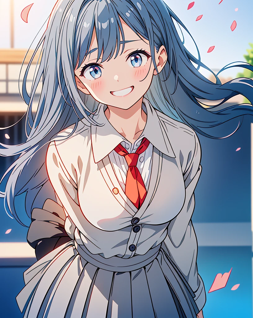 (Highest quality, 32K, High resolution, Masterpiece:1.5, ), One Girl, Cute anime-style illustrations, god々It has a brilliant and healing power., , Expressing emotions, Have a rich imagination, Cute Japanese Girls, Perfect Human Anatomy, Big light blue eyes, Motherhood and generosity, Deep Love, ((A gentle smile:1.6)), Shiny blue hair, Ponytail swaying in the wind, Asymmetrical bangs, Hair between the eyes, Transparent, soft white skin, Sharp eyebrows, Thin lashes, Natural Makeup, Cheek highlighter, Detailed and cute lips, (Grey blazer with red tie:1.2), ((Grey pleated skirt:1.2)), Slim figure with ample breasts, Beautifully detailed skies, ((Vibrant petal effect:1.2)), god秘的