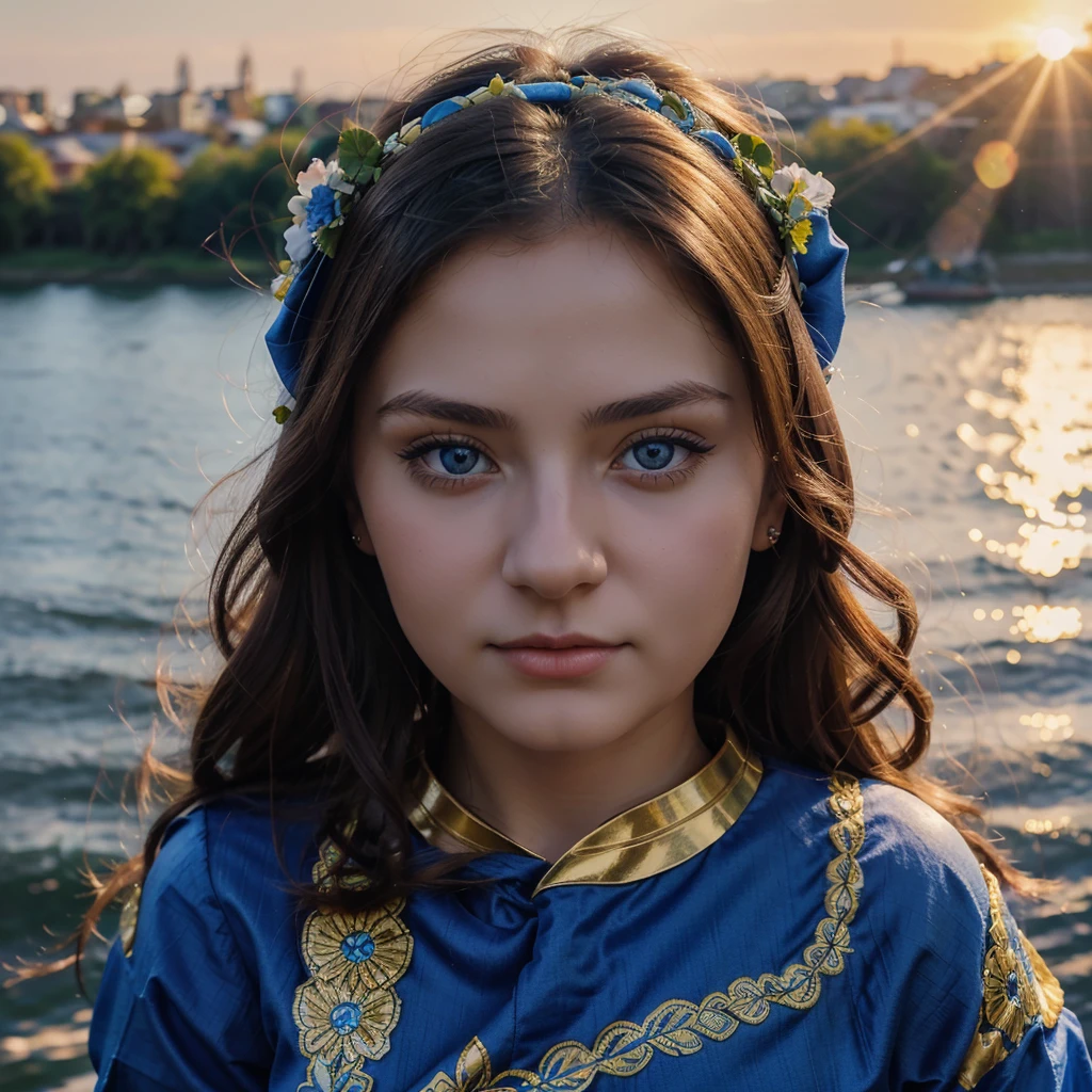 20 year old woman in Ukrainian costume Corolla wreath wearing wreath on head Blue eyes River and blue sky in background Afternoon light sunset realistic illustration