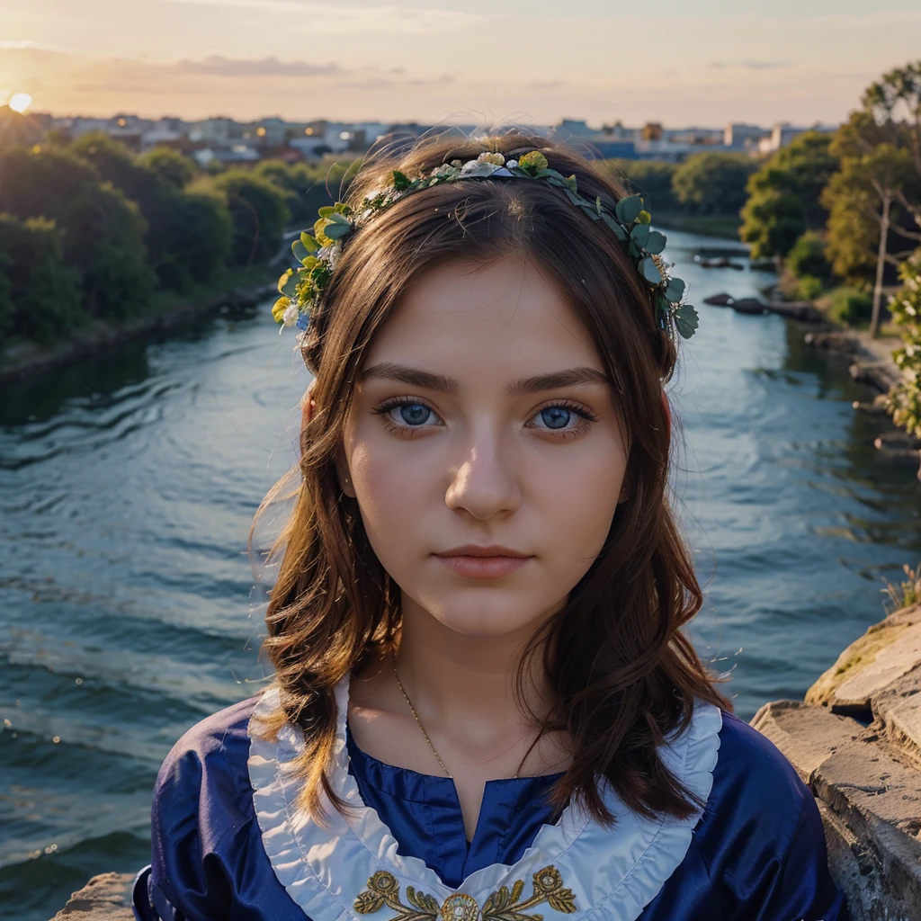 20 year old woman in Ukrainian costume Corolla wreath wearing wreath on head Blue eyes River and blue sky in background Afternoon light sunset realistic illustration