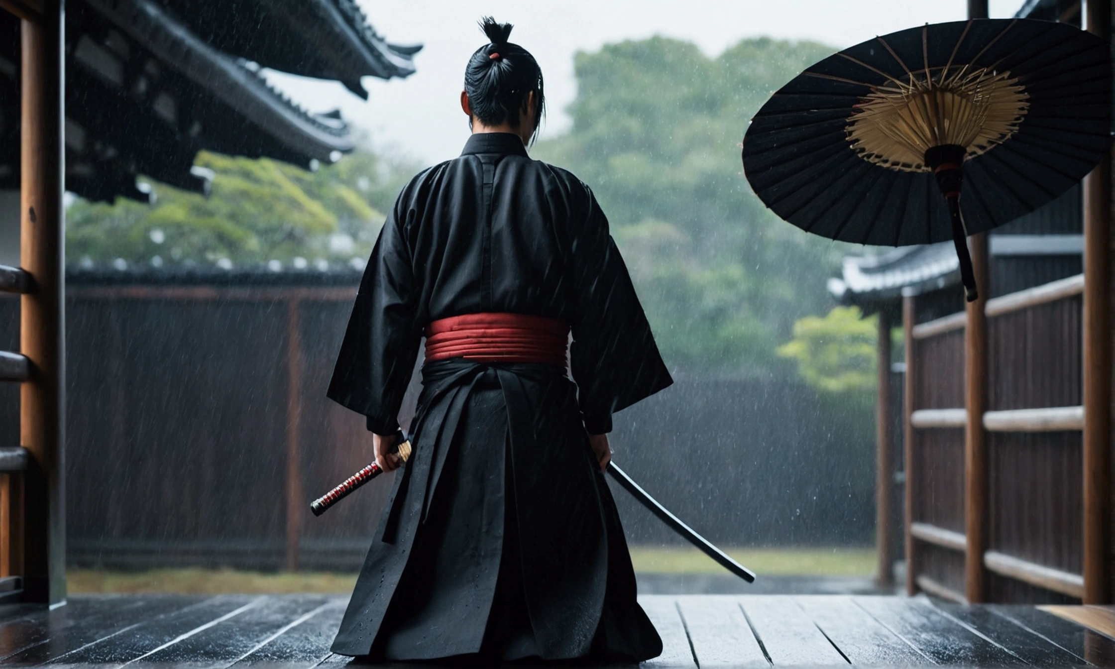 Samurai facing sideways, wearing a black hakama, it&#39;s raining,Blur the background, 8k, Japanese atmosphere, warrior, dark, cold,