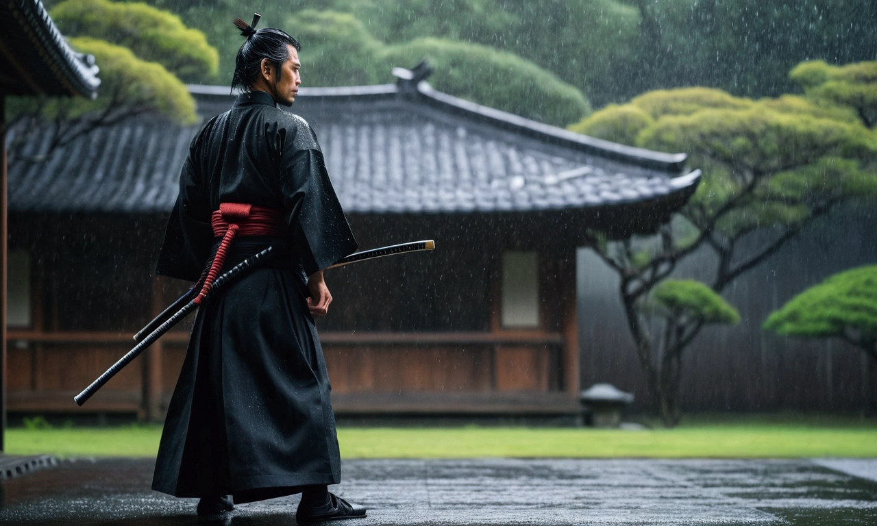 Samurai facing sideways, wearing a black hakama, it&#39;s raining,Blur the background, 8k, Japanese atmosphere, warrior, dark, cold,