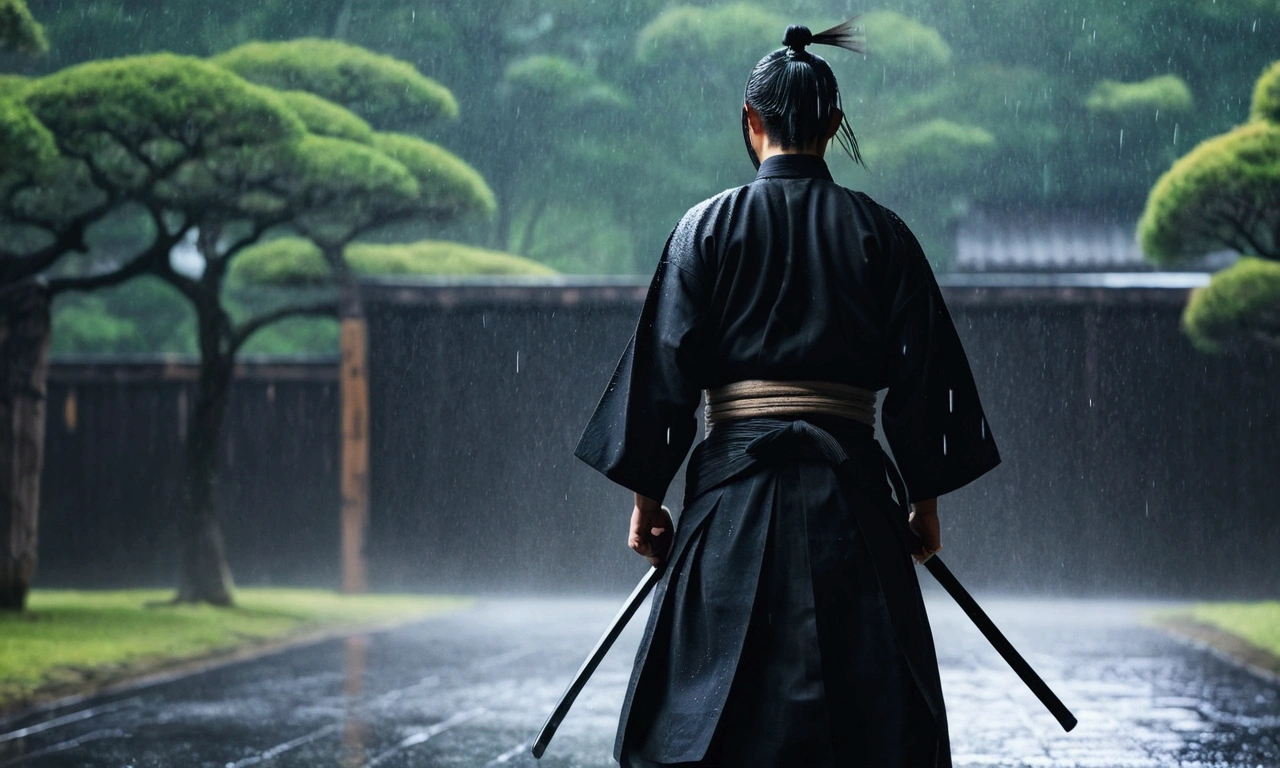 Samurai facing sideways, wearing a black hakama, it&#39;s raining,Blur the background, 8k, Japanese atmosphere, warrior, dark, cold,
