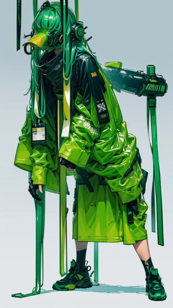 solo, High resolution, accurate, Anatomically correct, Highest quality, Ultra high definition, High detail, Very detailed, Simple Background, Character portrait, three views, Food, かぶっているFood, Illustration, whole body,Wearing big sneakers,Image color: Light green,Keep your background simple,