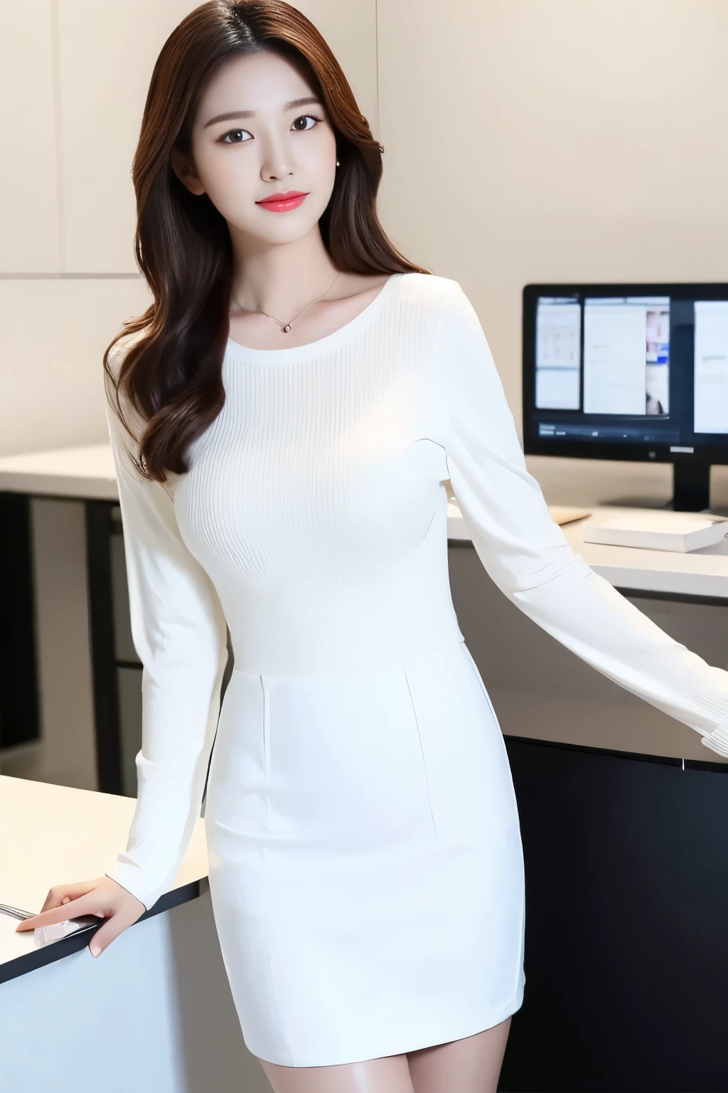 Stunning beauty,Fashionable beauty,A white shirt with long sleeves,pencil skirts,Professional Dress,Naughty and flattering,Beauty in the workplace