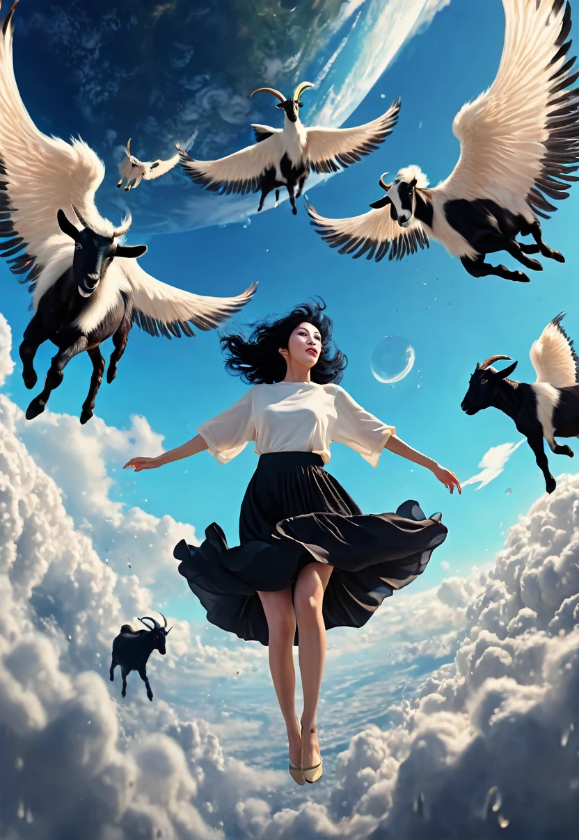 Short woman with giant black hair floating above the earth, 8k, psychedelia, rain of angels falling from the sky, black goats running, cinematographic, 真实感