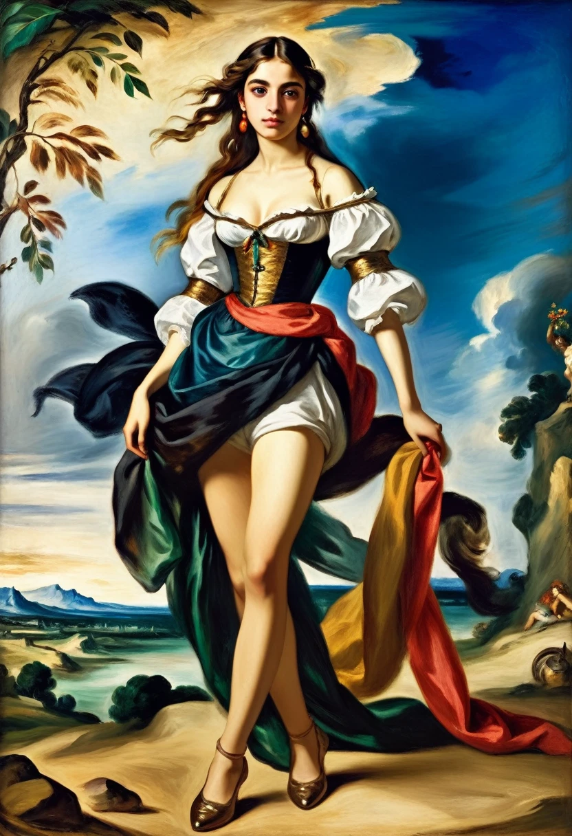 [[(full-length front view: young attractive girl) ((style Eugene Delacroix))]/[background:amazing Renaissance landscape based on Eugene Delacroix) (masterpiece)], oil painting, extreme detail, intricate, unusual, ((best quality))]