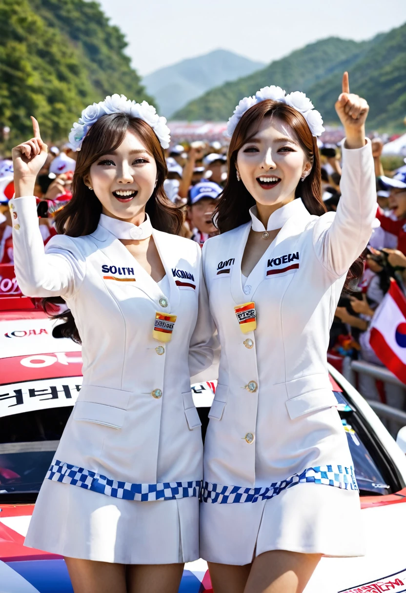 Two south-korean race queens cheering during a car race