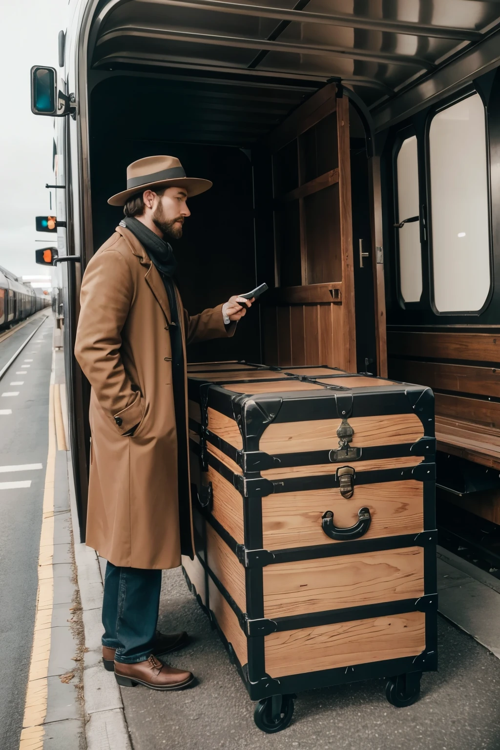 create movie post with title "the trunk of the wagon" At a train station
