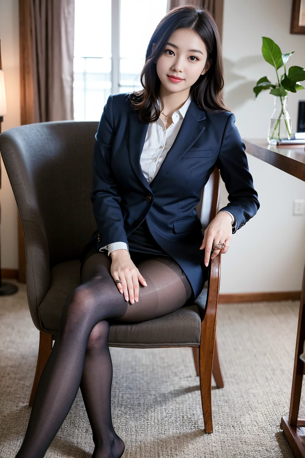 Ulzzang-6500-v1.1, (RAW photos:1.2), (realistic), (really:1.4), 1girl、very pretty girl、21 years old、game_nffsw, eye for detail, shy smile、business fashion、business suit、thighs and skirt、sit on a chair、Working、(very realistic hose:1.2), Curly hair、realistic skin texture、glowing skin、exposed thighs!!! , assem、eye shadow、