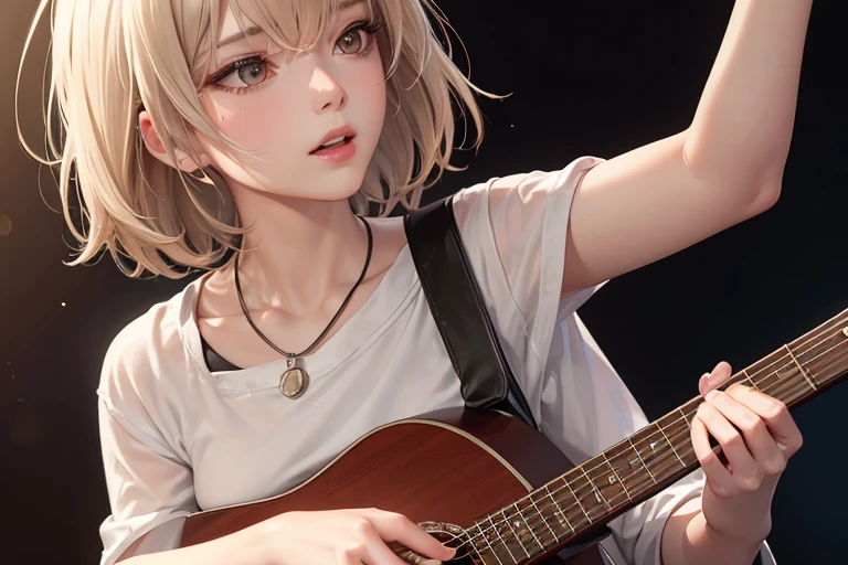 (Highest quality,8k,High resolution,masterpiece:1.2),((masterpiece,Highest quality)), 非常に詳細なHigh resolution, A girl in her fifties singing into a microphone while playing the guitar, Perform on stage, vocalist, Live Performance,Highly detailed skin and facial textures:1.3, Ultra detailed face, Detailed hands and fingers, Beautiful attention to detail,Beautiful lip detail,Singer-songwriter, Playing guitar on stage, Woman Playing Guitar, Gombi, Photo taken with Nikon D750, Shot with Canon EOS 5D Mark IV, Girl playing guitar, musician, (Slender body:1.5)