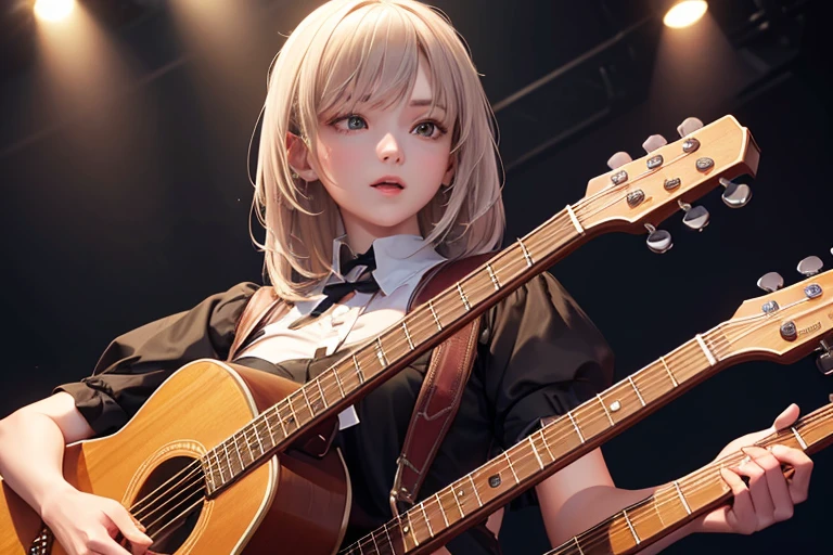 (Highest quality,8k,High resolution,masterpiece:1.2),((masterpiece,Highest quality)), 非常に詳細なHigh resolution, A girl in her fifties singing into a microphone while playing the guitar, Perform on stage, vocalist, Live Performance,Highly detailed skin and facial textures:1.3, Ultra detailed face, Detailed hands and fingers, Beautiful attention to detail,Beautiful lip detail,Singer-songwriter, Playing guitar on stage, Woman Playing Guitar, Gombi, Photo taken with Nikon D750, Shot with Canon EOS 5D Mark IV, Girl playing guitar, musician, (Slender body:1.5)