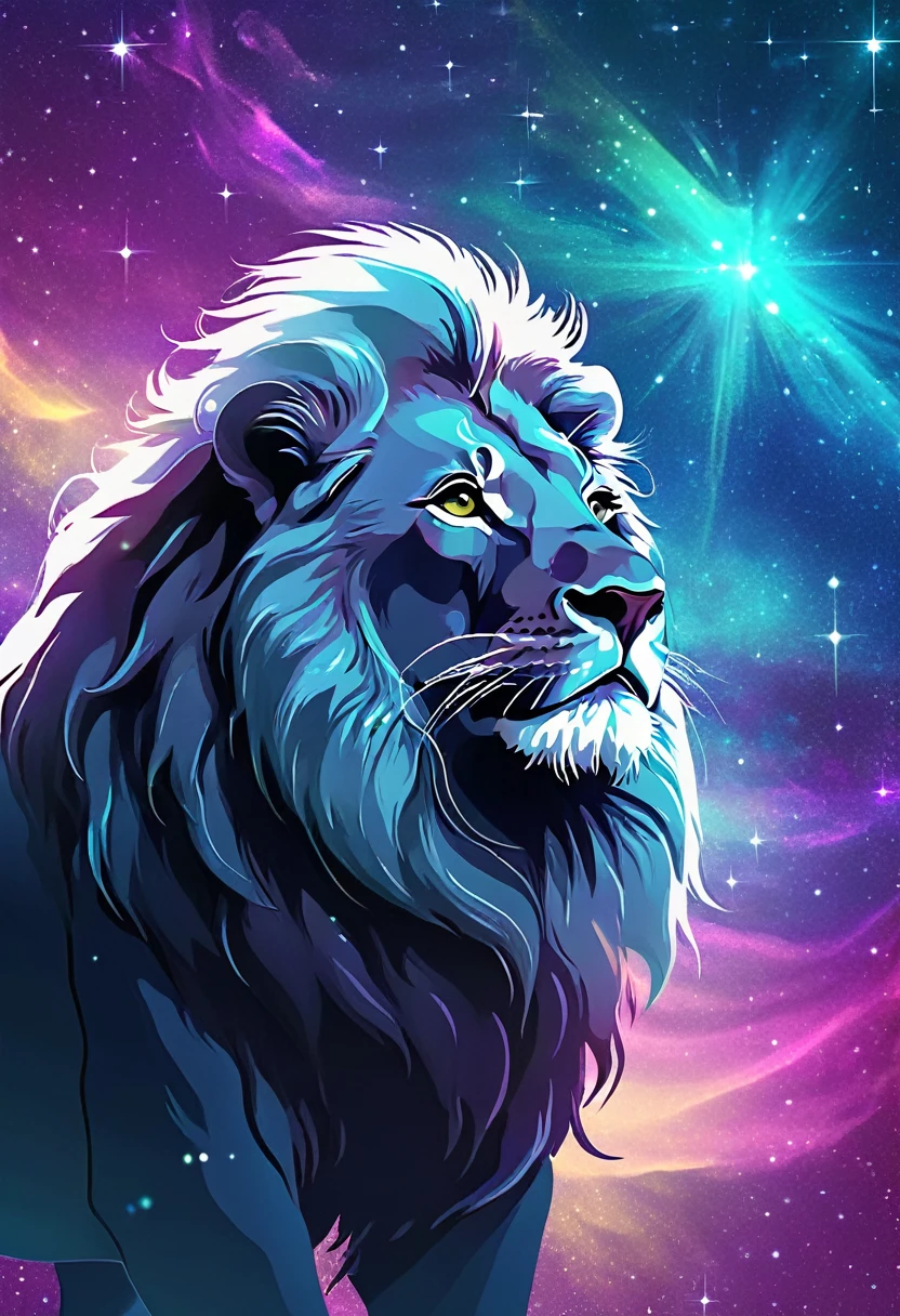 a lion silhouette composed by bright stars. Cosmic background