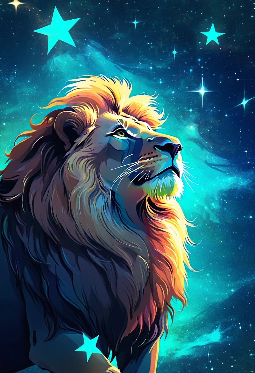 a lion silhouette composed by bright stars. Cosmic background