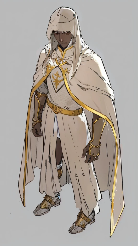 Templar warrior in armor, wearing armor and a white skirt, he also wears a cloak with gold borders, the leper king balduin iv