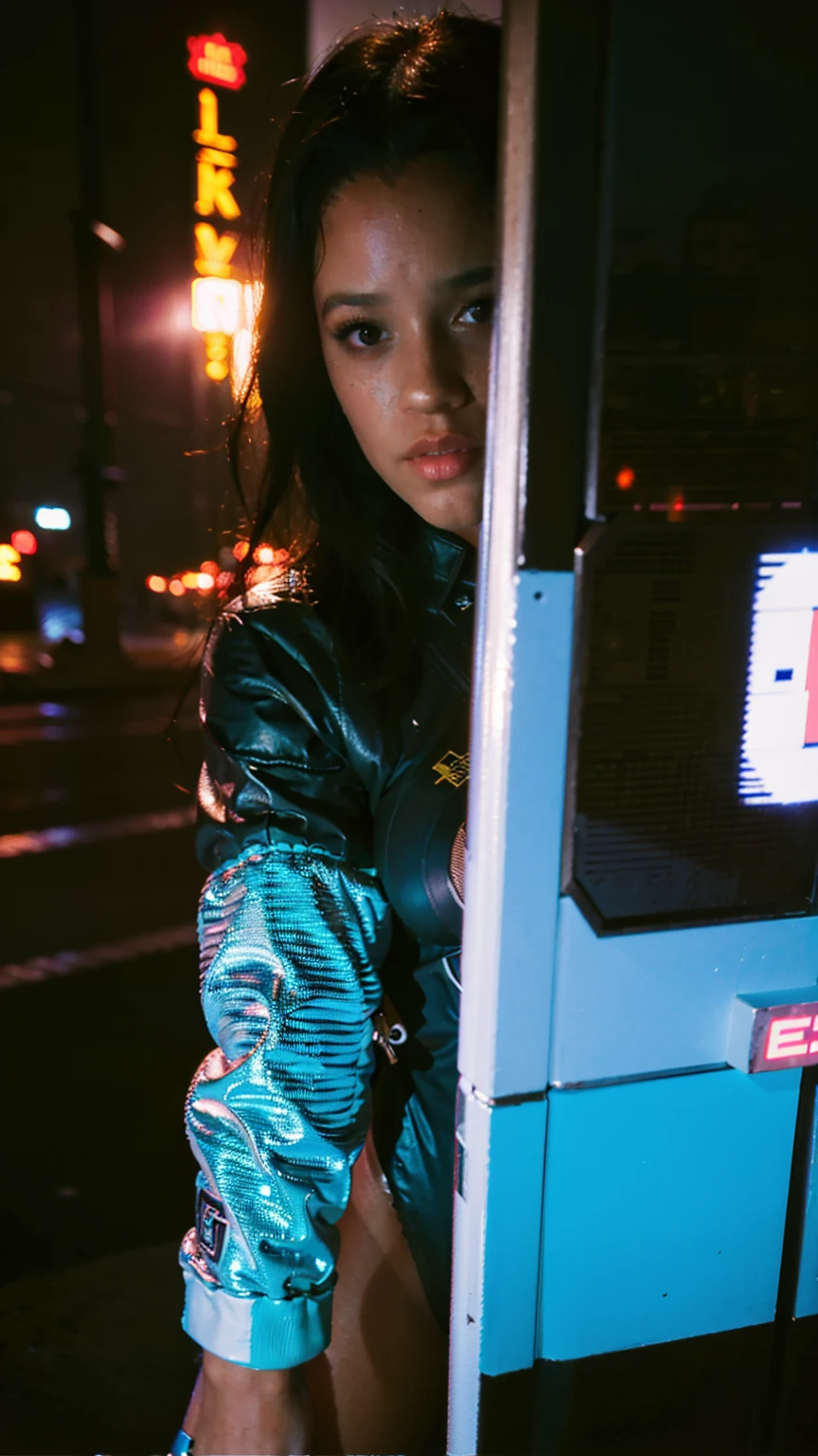 Masterpiece, Best quality, (photorealistic1.4), (UHD), (big breast), , (epiCRealLife:1.0), (flashphoto), (flash photography), (night time), (Jenna Ortega wearing cyberpunk bodysuit), (Jen_na)