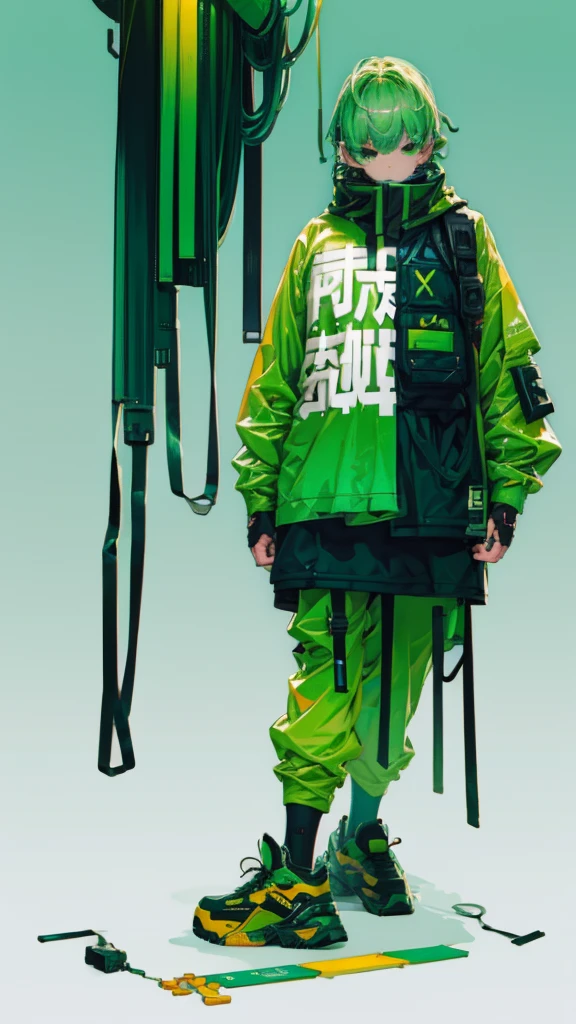 solo, High resolution, accurate, Anatomically correct, Highest quality, Ultra high definition, High detail, Very detailed, Simple Background, Character portrait, three views, Food, かぶっているFood, Illustration, whole body,Wearing big sneakers,Image color: Light green,Keep your background simple,