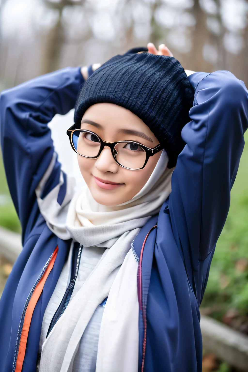 Japanese girl with hijab and glasses wear jacket without hair 