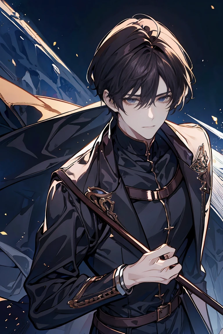 Brownhairhightlightblack, worrior 1 man, hansome, glasses, darknesswolrdblackground, galaxy, blacklongsword, browneye, fantasy, silver armors