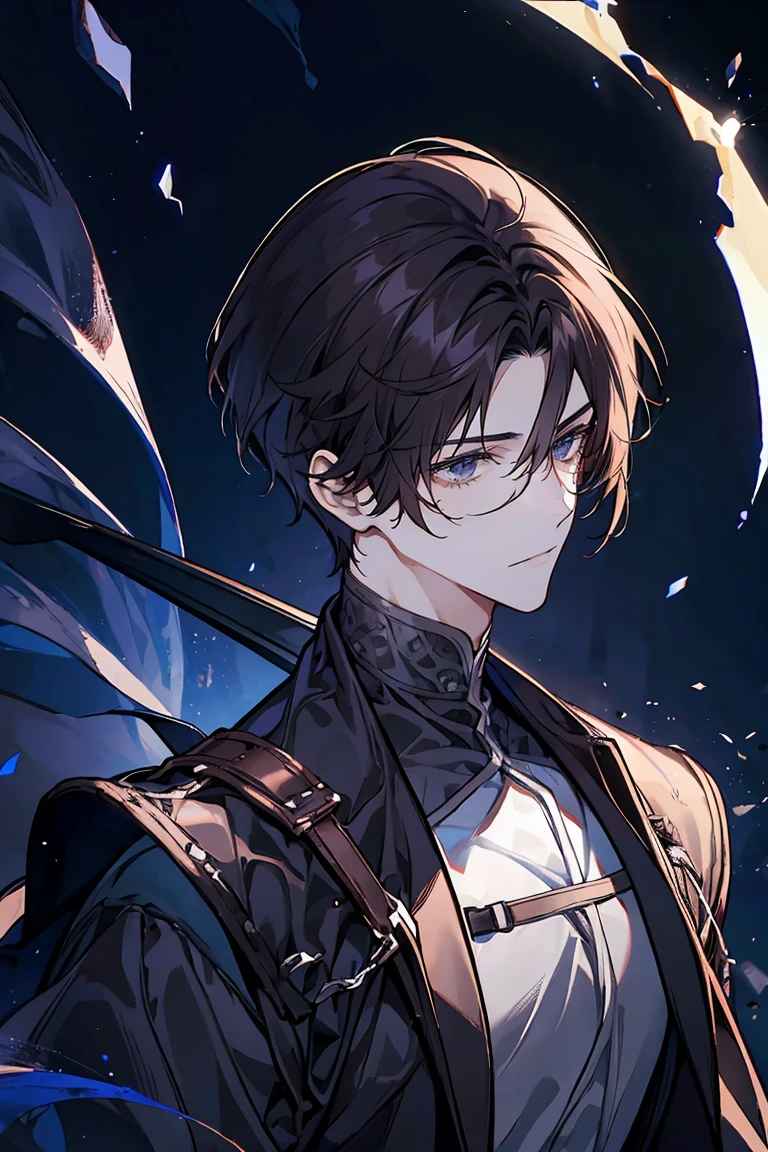 Brownhairhightlightblack, worrior 1 man, hansome, glasses, darknesswolrdblackground, galaxy, blacklongsword, browneye, fantasy, silver armors