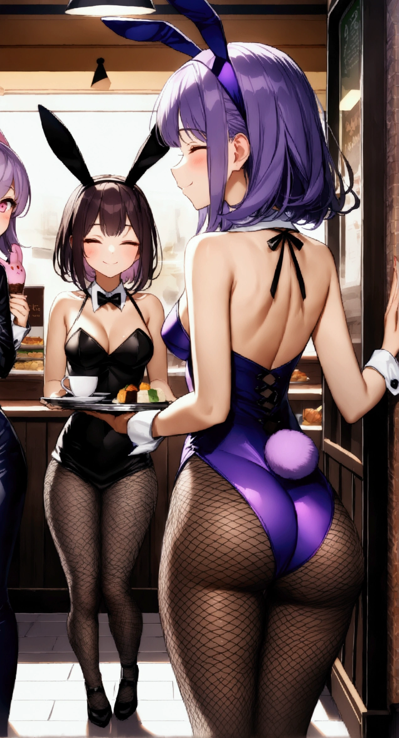 cute face, ideal ratio body proportions, curvy, blush, medium hair, (purple hair), (pink eyes), (medium breasts), (((3 girls))), ((Bunny ears)), (((purple Bunny girls))), ((Fishnet tights)), (((Closed your eyes))), ((Closed your mouth)), smile, (((Hold the tray))), (((multi foods))), (((A coffee shop with many customers))), ((32k)), ((best quality)), ((ultra high res)), ((HDR)), ((UHD)), ((extremely detailed CG)), ((unity 32k wallpaper)), ((perfect anatomy)), ((from behind)),