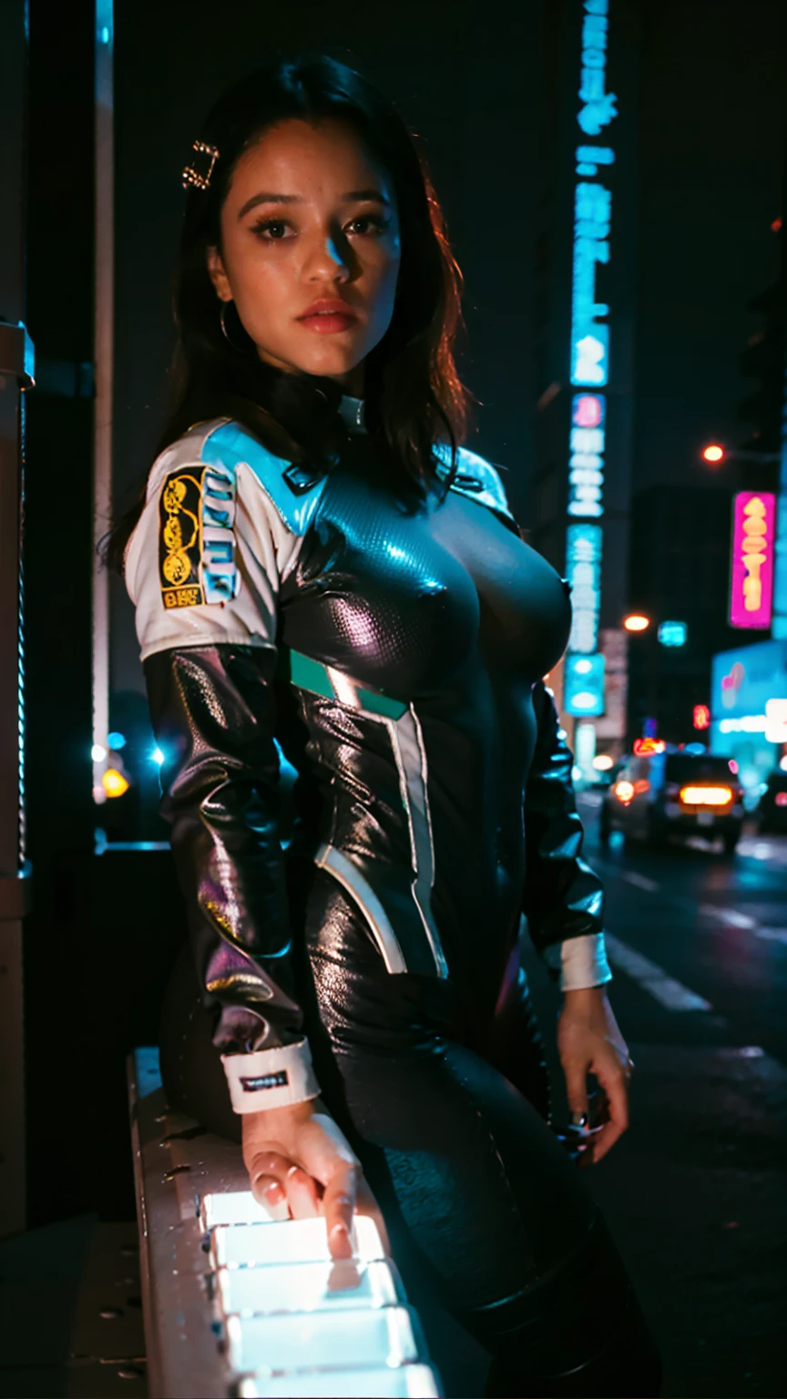 Masterpiece, Best quality, (photorealistic1.4), (UHD), (big breast), , (epiCRealLife:1.0), (flashphoto), (flash photography), (night time), (Jenna Ortega wearing cyberpunk bodysuit), (Jen_na)