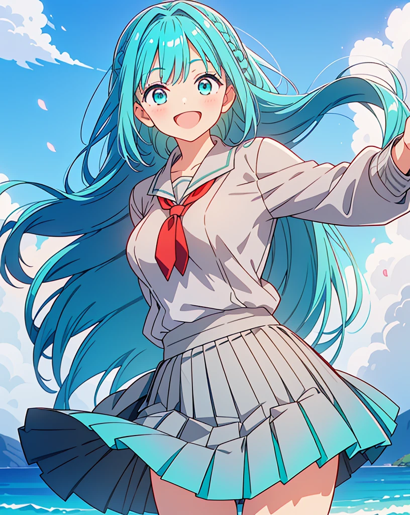 (Highest quality, 32K, High resolution, Masterpiece:1.5, ), One Girl, Cute anime-style illustrations, god々It has a brilliant and healing power., , Expressing emotions, Have a rich imagination, Cute Japanese Girls, Perfect Human Anatomy, Big light blue eyes, Motherhood and generosity, Deep Love, ((A kind smile:1.6)), ((Shiny turquoise hair:1.2)), Ponytail swaying in the wind, Asymmetrical bangs, Hair between the eyes, Transparent, soft white skin, Sharp eyebrows, Thin lashes, Natural Makeup, Cheek highlighter, Detailed and cute lips, (Grey blazer with red tie:1.2), ((Grey pleated skirt:1.2)), Slim figure with ample breasts, Beautifully detailed skies, ((Vibrant petal effect:1.2)), god秘的