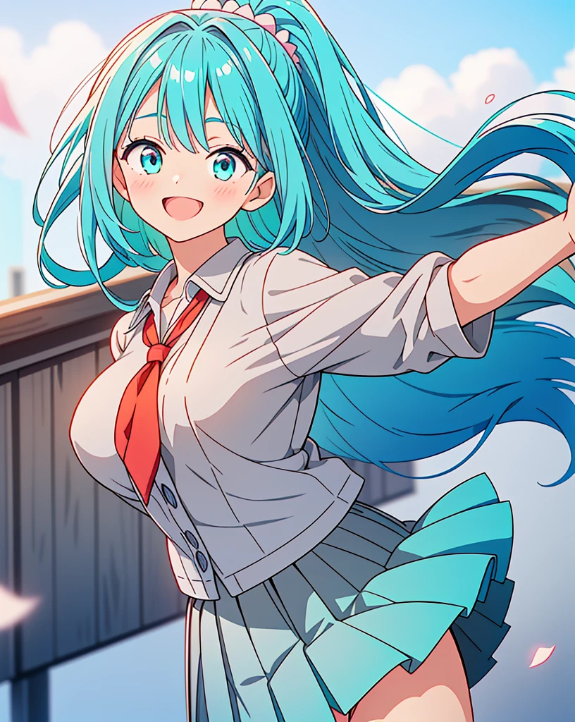 (Highest quality, 32K, High resolution, Masterpiece:1.5, ), One Girl, Cute anime-style illustrations, god々It has a brilliant and healing power., , Expressing emotions, Have a rich imagination, Cute Japanese Girls, Perfect Human Anatomy, Big light blue eyes, Motherhood and generosity, Deep Love, ((A kind smile:1.6)), ((Shiny turquoise hair:1.2)), Ponytail swaying in the wind, Asymmetrical bangs, Hair between the eyes, Transparent, soft white skin, Sharp eyebrows, Thin lashes, Natural Makeup, Cheek highlighter, Detailed and cute lips, (Grey blazer with red tie:1.2), ((Grey pleated skirt:1.2)), Slim figure with ample breasts, Beautifully detailed skies, ((Vibrant petal effect:1.2)), god秘的
