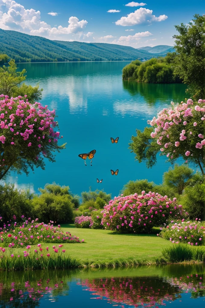 The name of miracles in front of a lake with butterflies and roses