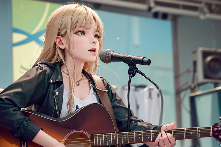(Highest quality,8k,High resolution,masterpiece:1.2),((masterpiece,Highest quality)), High resolution with great detail, A girl in her fifties singing into a microphone while playing the guitar, Perform on stage, vocalist, Live Performance,Highly detailed skin and facial textures:1.3, Ultra detailed face, Detailed hands and fingers, Beautiful attention to detail,Beautiful lip detail,Singer-songwriter, Playing guitar on stage, Woman Playing Guitar, Gombi, Photo taken with Nikon D750, Shot with Canon EOS 5D Mark IV, Girl playing guitar, musician, (Slender body:1.5)