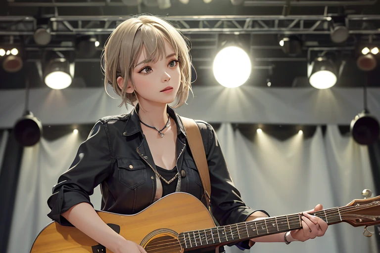 (Highest quality,8k,High resolution,masterpiece:1.2),((masterpiece,Highest quality)), High resolution with great detail, A girl in her fifties singing into a microphone while playing the guitar, Perform on stage, vocalist, Live Performance,Highly detailed skin and facial textures:1.3, Ultra detailed face, Detailed hands and fingers, Beautiful attention to detail,Beautiful lip detail,Singer-songwriter, Playing guitar on stage, Woman Playing Guitar, Gombi, Photo taken with Nikon D750, Shot with Canon EOS 5D Mark IV, Girl playing guitar, musician, (Slender body:1.5)