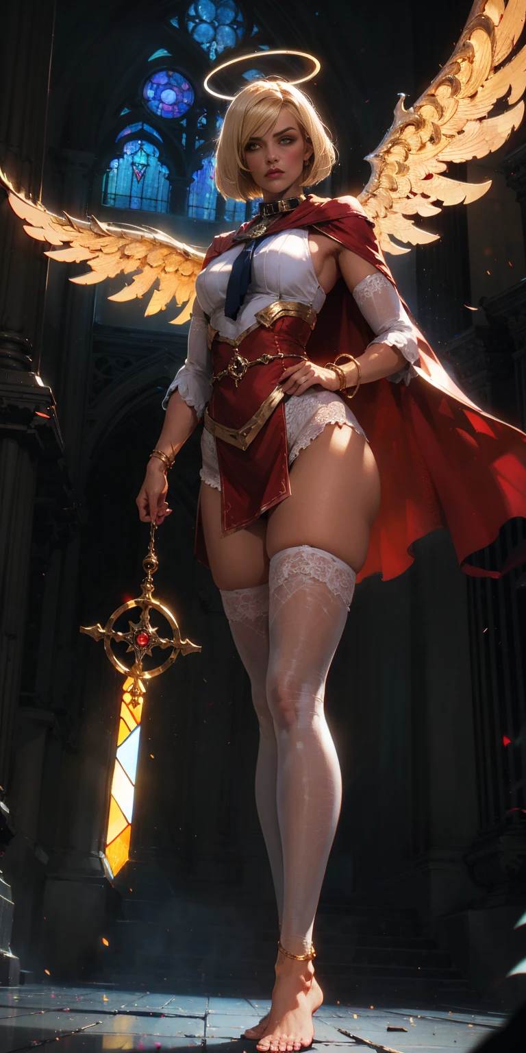 low angle, from below, paladin templar lady in white tabard, legwear, glowing yellow eyes, collar, golden chainmail, wide hips, barefoot, angel wings, pauldrons, halo, bob cut, blonde, eye focus, red cape, temple indoors, decorations, stained glass windows, night, particles, chromatic aberration, detailed, cinematic, dark scene, fantasy
